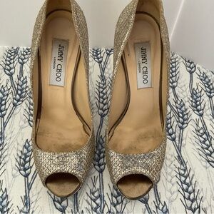 SOLD Jimmy Choo Silver Glitter Sparkle Peep Toe Platform Heels 37 US 7